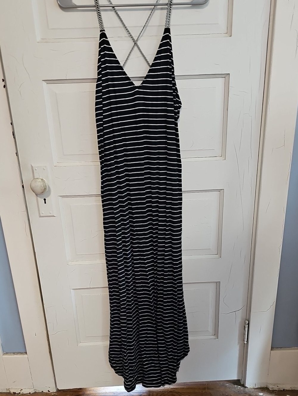 Navy & White Striped Maxi Dress with Crisscross Back